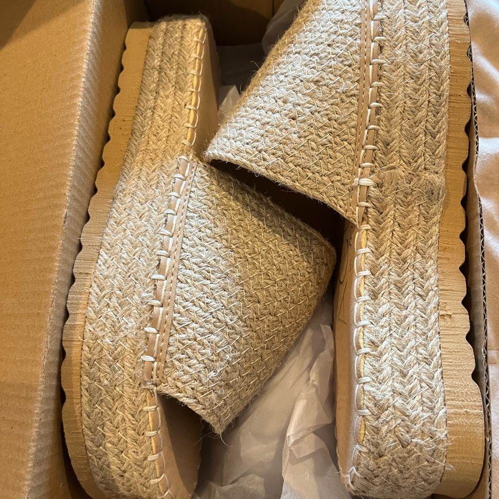Beige Woven Platform Slides